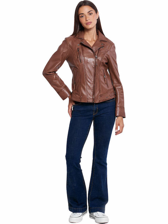 Damen Leder Jacke Für Winter Kognak