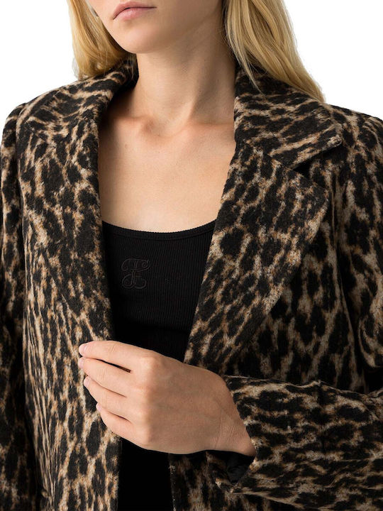 Women's Leopard Black Coat with Buttons