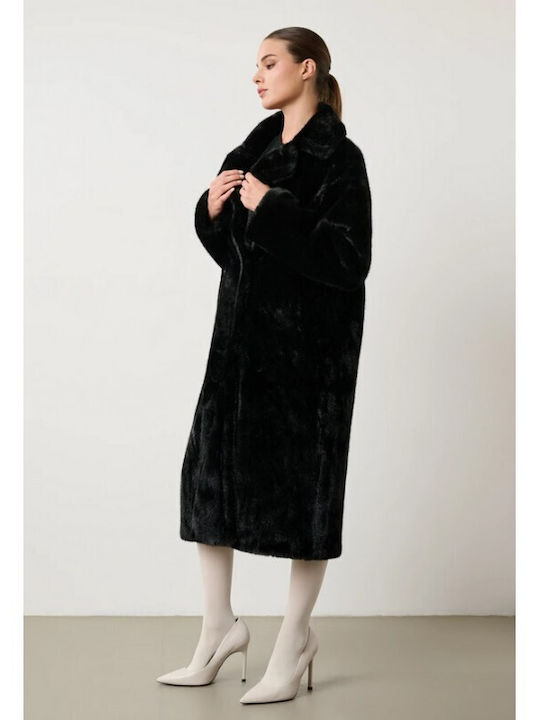 Women's Black Coat with Fur Details