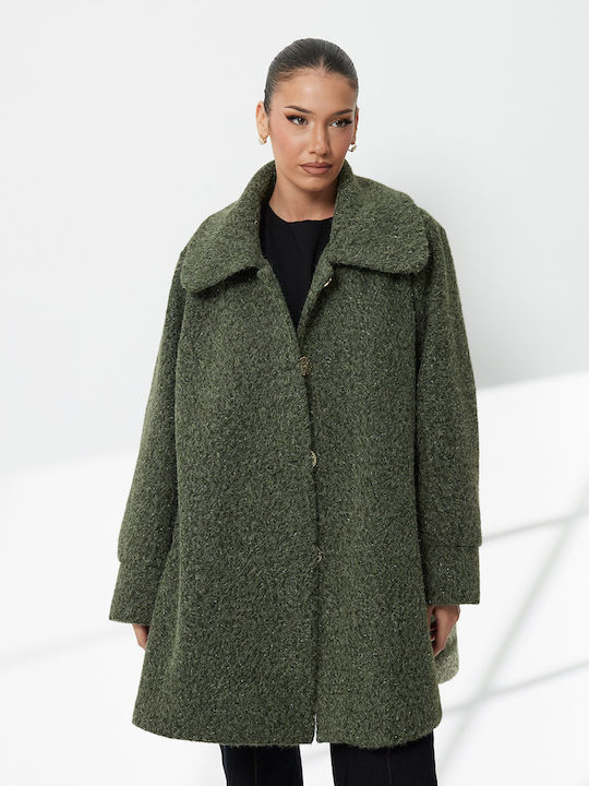 Wolle Damen Green Mantel Oversized mit Knöpfen