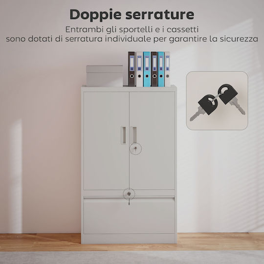 Office Storage Metal Cabinet with Lock & Drawers White L80xW40xH130cm