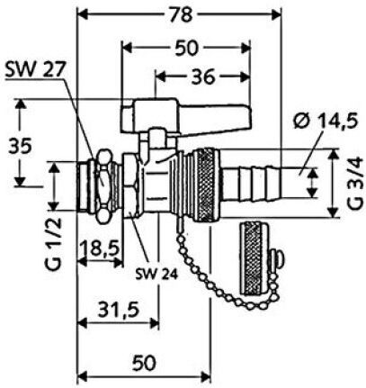 Schell Sphärische Abfluss- und Füllventil mit Hebel 1/2" Chrom
