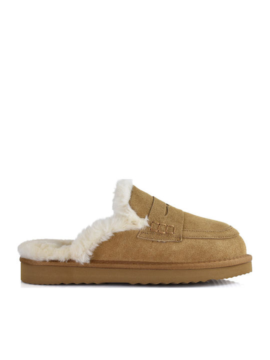 Leather Winter Women's Slippers Brown