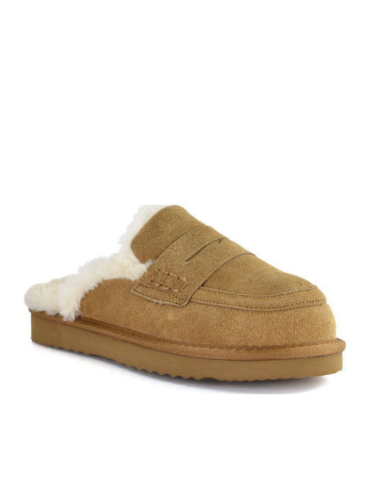Leather Winter Women's Slippers Brown