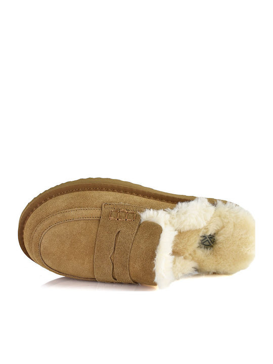 Leather Winter Women's Slippers Brown