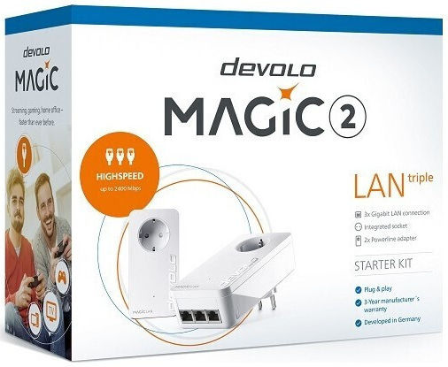 Devolo Magic 2 LAN Triple (8510) Powerline Dual Kit Wired with Passthrough Socket and 3 Gigabit Ethernet Ports