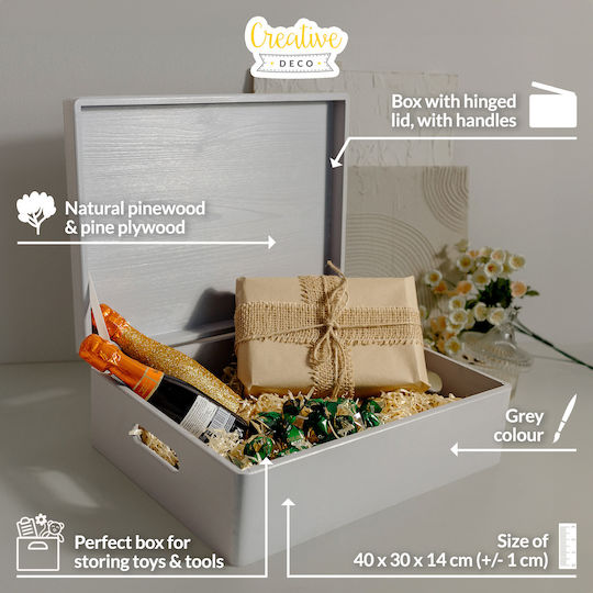 Креатив Деко XL Сива Голяма Дървена Кутия за Съхранение 40 X 30 X 14 См + 1 См Дръжки Капак Декоративен Сандък Перфектен за Документи Спомени Играчки Инструменти
