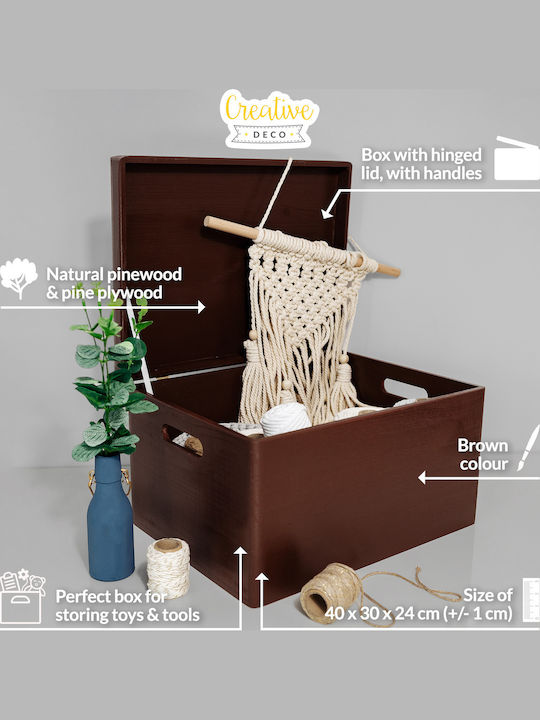 Cutie de Depozitare Mare din Lemn Creative Deco XXL Maro 40 x 30 x 24 cm + Capac cu Mânere de 1 cm Cufăr Decorativ Perfect pentru Documente Amintiri Jucării Unelte