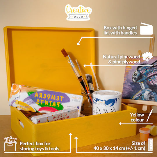 Creative Deco Xl Yellow Large Wooden Storage Box 40 X 30 X 14 Cm + 1 Cm Handles Lid Decorative Chest Perfect Documents Memorabilia Toys Tools