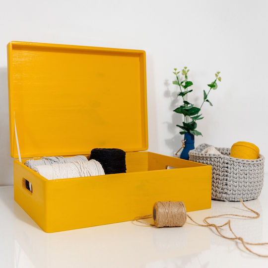 Creative Deco Xl Yellow Large Wooden Storage Box 40 X 30 X 14 Cm + 1 Cm Handles Lid Decorative Chest Perfect Documents Memorabilia Toys Tools