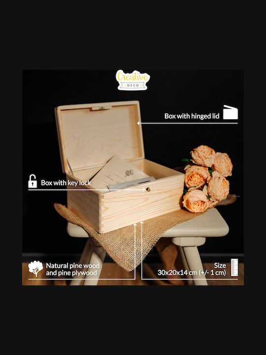 Creative Deco Large Wooden Box Lock Lid Decoration 30 X 20 X 13 Cm + 1cm Without Handles Wooden Chest Documents Toys Tools