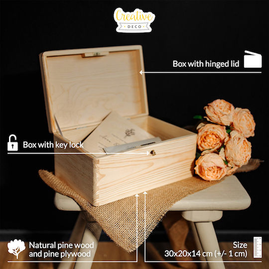 Creative Deco Large Wooden Box Lock Lid Decoration 30 X 20 X 13 Cm + 1cm Without Handles Wooden Chest Documents Toys Tools
