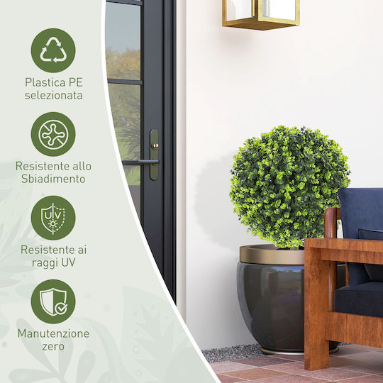 Homcom Set of 2 Artificial Plants Artificial Buxus Balls Base for Indoor Outdoor Spaces UV Resistant Green