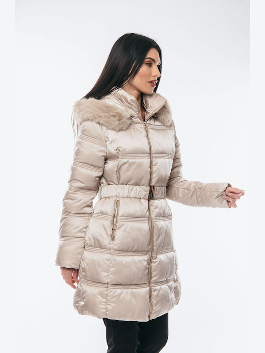 Women's Long Lifestyle Jacket for Winter with Detachable Hood Beige