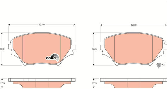 Set Plăcuțe de Frână Față Trw Toyota Picnic RAV 4 Ii 1.8-2.4 08.96-11.05 Înălțime 60.3mm Lățime 123.0mm Grosime 17.5mm