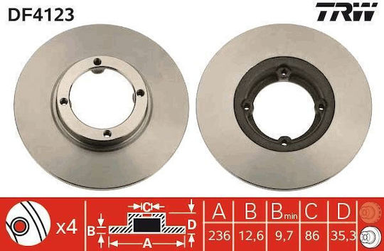 Front Right Left Brake Disc Trw Chevrolet Matiz Spark Daewoo Matiz 236mm 4 Holes 12.6mm Thickness