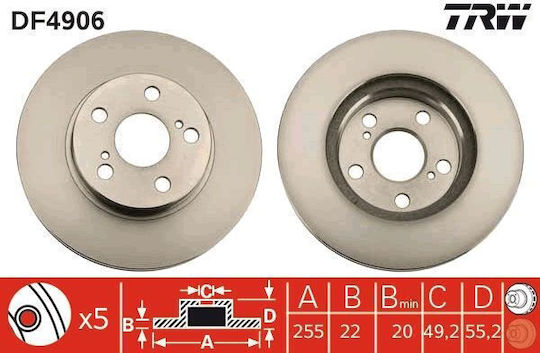 Front Brake Disc Right Left Trw Toyota Prius 1.5h 03 09-12 09 255mm 5 Holes Ventilated Coated 22mm Thickness 49.3mm Height