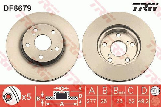Front Brake Disc Right Left Trw Toyota Auris Corolla 1.2-1.8h 10.12-08.19 Diameter 277mm Thickness 26mm 5 Holes Ventilated