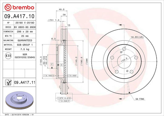 Toyota Auris Nre15 Zze15 Ade15 Zre15 Nde15 Brembo 09a41711 Brake Disc