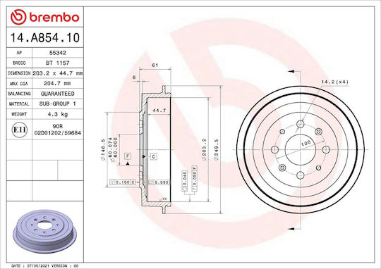 Brake Drum Fiat Punto Evo 199 Brembo 14a85410