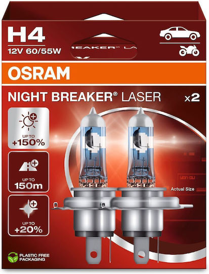 Set 2 Bulbs 12v H4 60/55 W Night Breaker Laser Nextgen +150% Osram