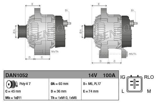 Denso Alternator 14v 100a Toyota RAV 4 Iii 2.0 02.06-06.13 Diametru 60mm 7 Grooves Puliu Combinat