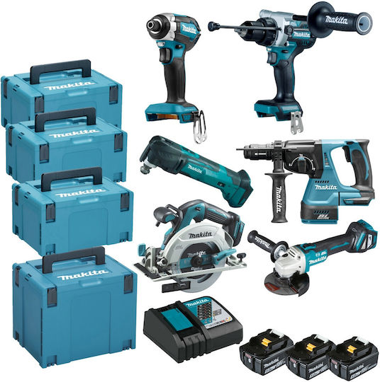 Makita DLX6114TJ Set Angle Wheel & Circular Saw & Drill Driver & Screwdriver & Multitool & Excavator 18V with 3 Batteries 5Ah and Case