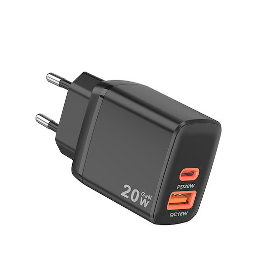 Techsuit Ladegerät ohne Kabel GaN mit USB-A Anschluss und USB-C Anschluss 20W Schwarzs (CH2)