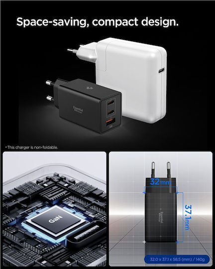 Spigen Φορτιστής Χωρίς Καλώδιο με Θύρα USB-A και 2 Θύρες USB-C 67W Power Delivery Μαύρος (Essential)