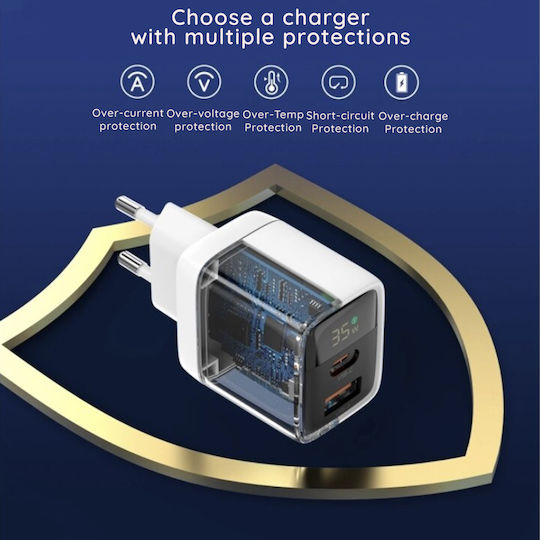 Techsuit Charger Without Cable GaN with USB-A Port and USB-C Port 35W Power Delivery Whites (CH3)