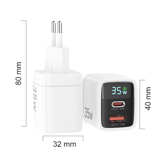 Techsuit Charger Without Cable GaN with USB-A Port and USB-C Port 35W Power Delivery Whites (CH3)