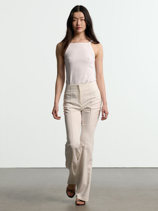 Damen Hoch tailliert Stoff Hose Schlag Weiß
