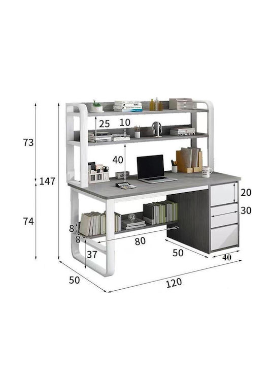 Desk Soco Wooden with Bookshelf Gray / White with Metal Legs 120x50x147cm