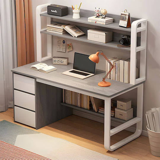 Desk Soco Wooden with Bookshelf Gray / White with Metal Legs 120x50x147cm