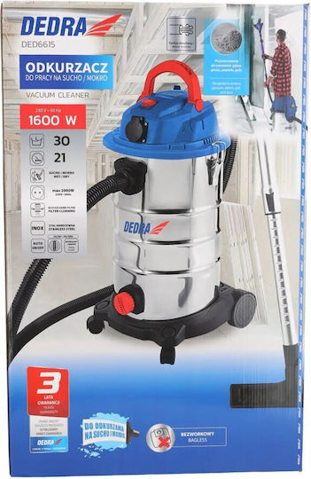 Dedra Staubsauger Flüssigkeiten / Feststoffe 1600W mit Edelstahl Behälter 30Es