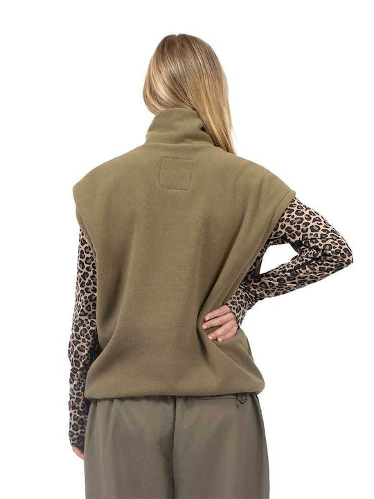 Bluza Damă Fleece De Iarnă Pentru Drumeție Fără Mâneci Verde Măsliniu