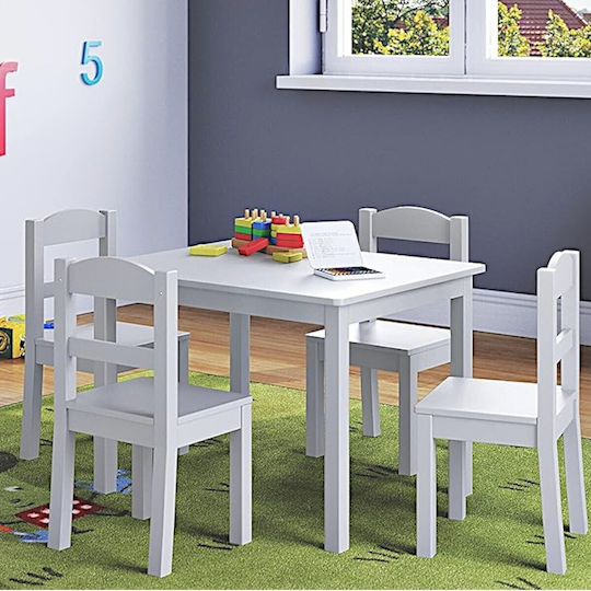 Set Mese Pentru Copii cu Scaune din Lemn Alb