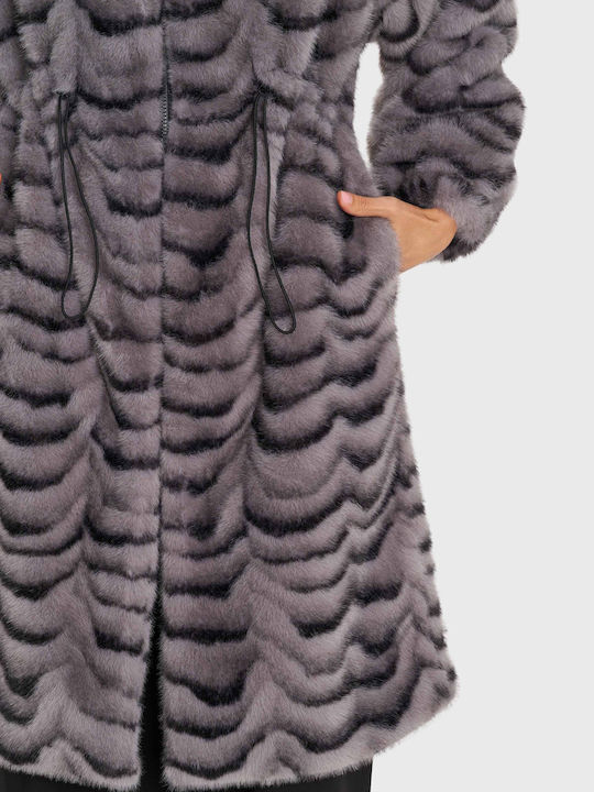 Women's Gray Coat with Fur Details
