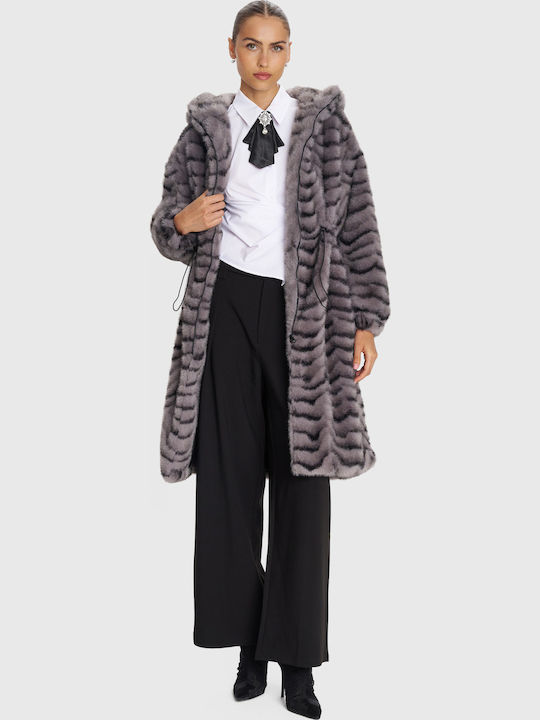 Women's Gray Coat with Fur Details
