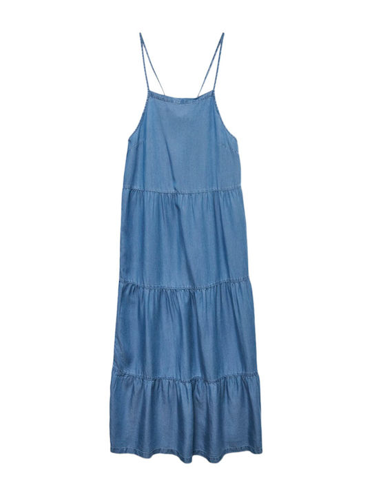 Summer Midi Denim Dress with Ruffles Medium Blue Denim