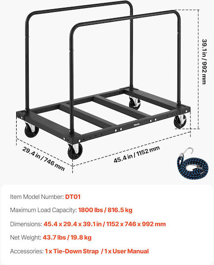 Vevor Transport Trolley for Weight Load up to 816kg Black