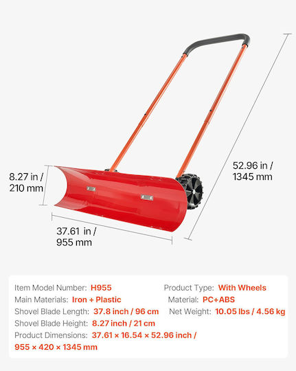 Vevor Flexibles Schneeschaufel Mit Rädern 96cm Verstellbarer Griff Doppelrichtung Klingen Dlksl3540incgpykl001v0