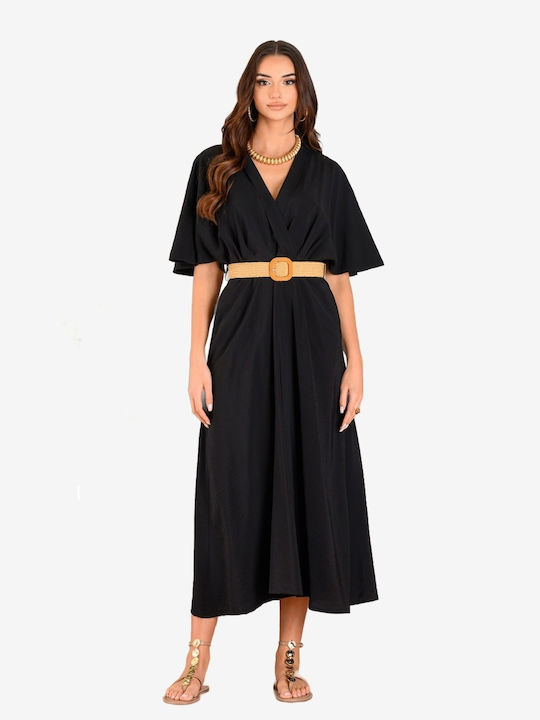 Summer Midi Dress Short Sleeve Wrap Black