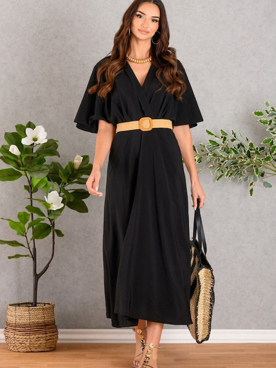 Summer Midi Dress Short Sleeve Wrap Black