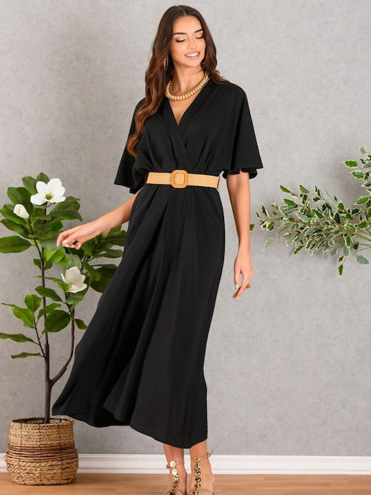 Summer Midi Dress Short Sleeve Wrap Black