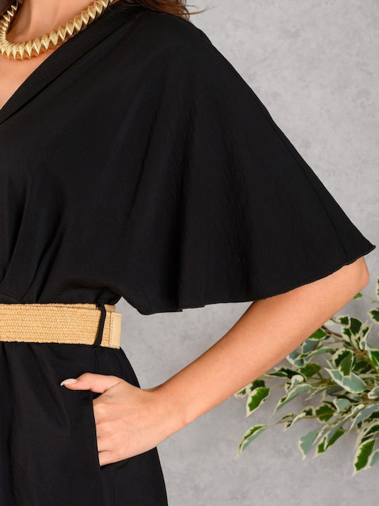 Summer Midi Dress Short Sleeve Wrap Black