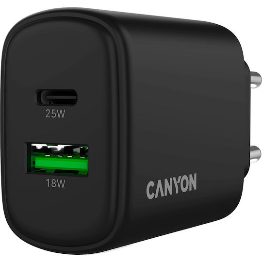 Canyon Φορτιστής με Ενσωματωμένο Καλώδιο με Θύρα USB-A και Θύρα USB-C 25W Power Delivery / Quick Charge 3.0 Μαύρος (OnCharge 250)