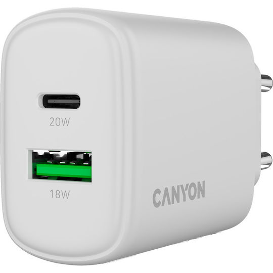 Canyon Charger Without Cable with USB-A Port and USB-C Port 20W Power Delivery / Quick Charge 3.0 Whites (OnCharge 200)