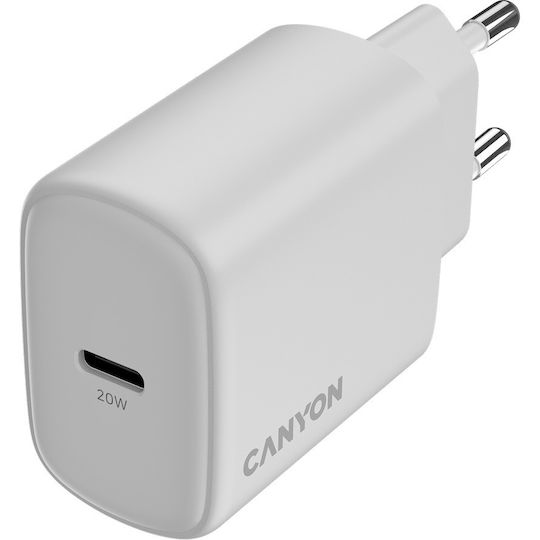 Canyon Φορτιστής με Ενσωματωμένο Καλώδιο με Θύρα USB-C 20W Power Delivery Λευκός (OnCharge 200)