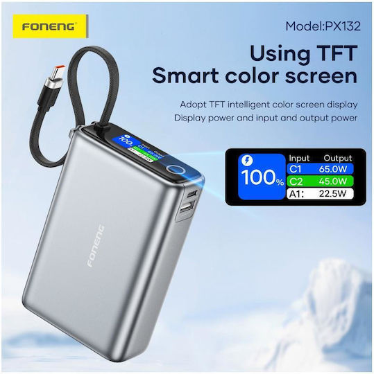Foneng PX132 Power Bank 20000mAh 65W με Θύρα USB-A και Θύρα USB-C Γκρι